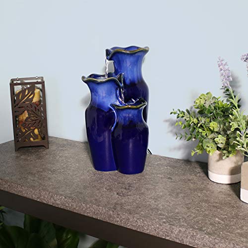 Sunnydaze Glazed Pitchers 11-Inch Blue Ceramic Indoor Tabletop Fountain - Electric Submersible Fountain with Adjustable Flow