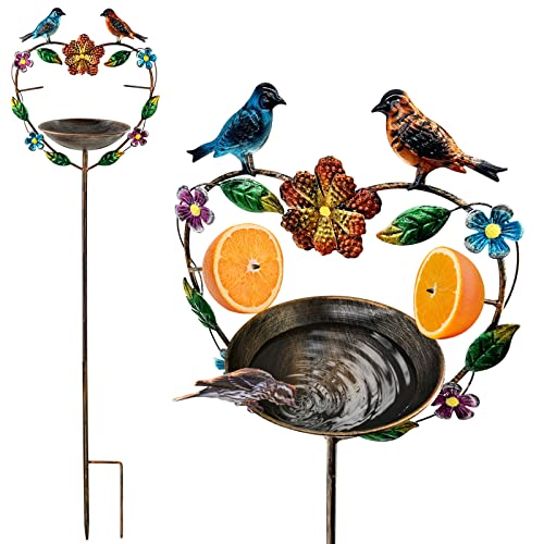 SUNNYPARK 41 Inch Height Standing Bird Bath Feeder with Metal Heart Shape Stake, Birdbath Bowl Spa & with Fruit Skewers Birdfeeder Decor for Garden, Backyard, Outdoor Patio - Bird