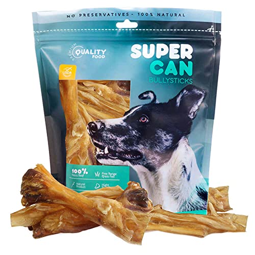 SuperCan Bully Sticks Beef Tendon Chews for Dogs | Natural Farm Raised Cattle Dog Treats | Long Lasting as Bully Sticks |Promoting Healthy Joints & Hips (4-7 inch Thick Sticks: 10-Count)