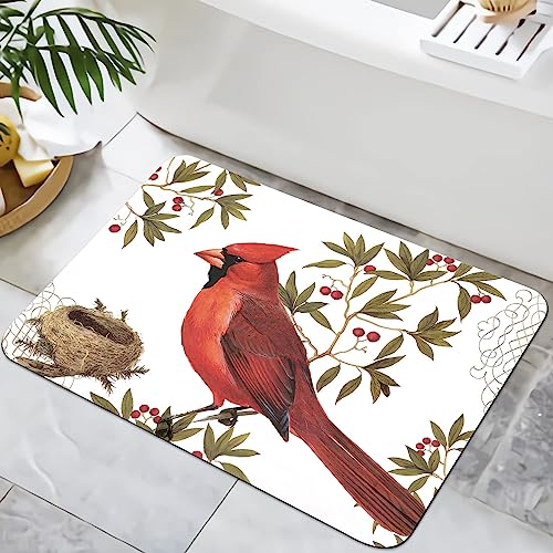 SXCHEN Bathroom Rug,Absorbent Non-Slip Indoor Rugs for Bathtub and Shower Floor,Durable Rubber Backing Print Bath Mat,16" x 24",Red Cardinal Birds Fruit Branch Bird's Nest Doormat