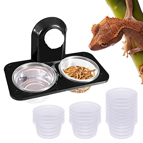 Synra Gecko Dual Feeding Ledge, Space Saving Design, Maximizes Floor Area, Black and White, 20 Reusable Transparent Food and Water Cups, Crested Gecko Tank Accessories