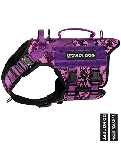 Tactical Dog Harness - PETNANNY Dog Harness Service Dog Vest for Large Breed Dog, Hook and Loop Panel for Service Dog Patchs, Work Dog MOLLE Vest with Handle for Walking Hiking Training(Purple Camo,L)