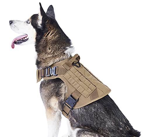 Tactical Dog Harness with Metal Buckles, Adjustable Military & Service Dog MOLLE Vest with Handle and No-Pull Front Leash Clip by FuzzBall (Tan, Large)