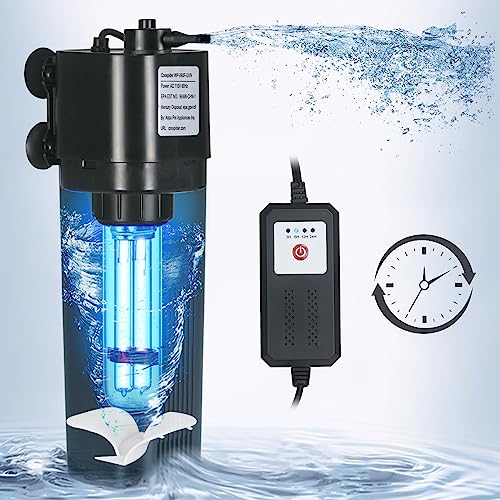 TARARIUM Aquarium Filter w/Cycle Timer U-V Light Green Clean Machine for 40-80 Gal. Large Fish Turtle Tank Pond Saltwater Freshwater Submersible Internal Swirl Turbo 211GPH Water Pump Algal Killing