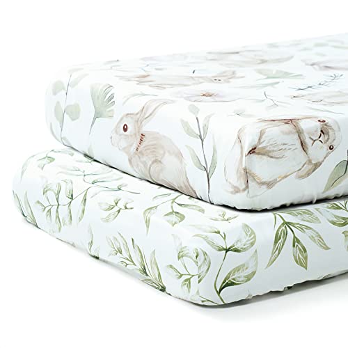 TCBunny 2 Pack Premium Fitted Baby Crib Sheets for Standard Crib Mattress - Ultra-Soft Cotton, Stylish Rabbit, and Garden Pattern, Safe and Snug for Baby, Boys and Girls, 28" x 52"