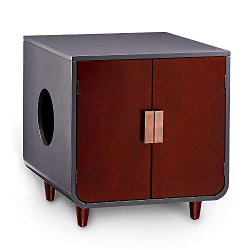 Teamson Pets Dyad Hidden Litter Box Enclosure & Mid-Century Side Table Combination with Side Entrance & Double Doors, Mocha Walnut