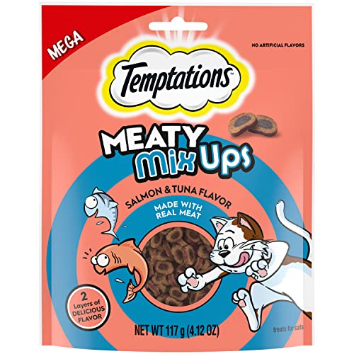 TEMPTATIONS Meaty MixUps Savory Cat Treats, Salmon & Tuna Flavor, 4.12 oz. Pouch