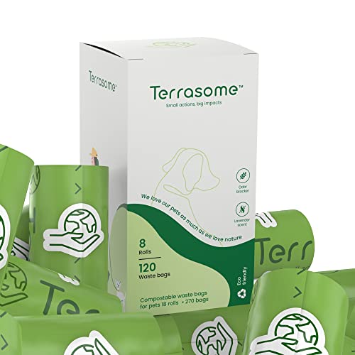 Terrasome Compostable Doggie Poop Bags (120 Count) | Dog Poop Bags Rolls, Leak Proof And Extra Thick Poop Bags, Lavender Scented | 100% Compostable Certified, Cornstarch Based, Premium Pet Waste Bags.