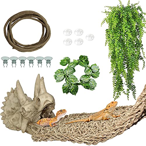 Tfwadmx Bearded Dragon Tank Accessories Resin Dinosaur Triceratops Skull Reptiles Seagrass Hammock Habitat Decor Flexible Vines Decorations for Lizard,Chameleon,Snake,Spider,Frog,Gecko