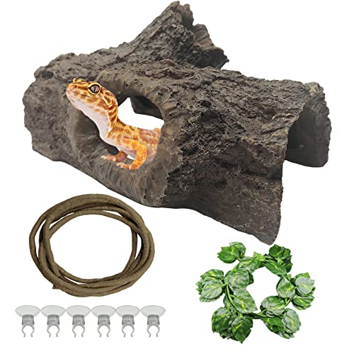 Tfwadmx Large Reptile Hides Lizard Resin Hollow Tree Trunk Hideout Bendable Vines Leaves Bearded Dragon Tank Accessories Gecko Habitat Decoration for Chameleon,Snake and Hermit Crabs
