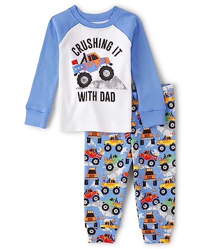 The Children's Place Baby Boys' and Toddler Long Sleeve Top and Pants Snug Fit 100% Cotton 2 Piece Pajama Set, Monster Trucks