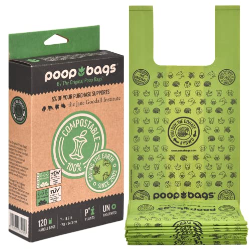 The Original Poop Bags® OK Compost Certified Compostable Tie Handle Bags - Supports Jane Goodall Institute - You Buy, We Donate - Doggy Poop Bags Refills - 120 Poop Bags for Dogs, Unscented