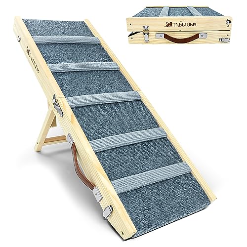 TNELTUEB Dog Ramp Adjustable, Folding Wooden Portable Pet Ramp,39.37" Long and 5 Adjustable from 11" to 23" with Non-Slip Traction for Small & Medium Dogs & Cats Car, SUV,Sofa (Grey)