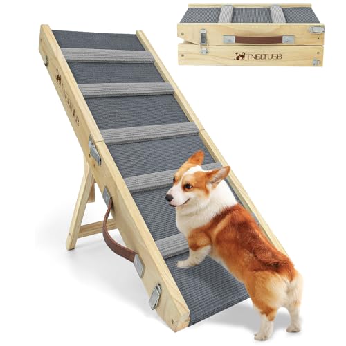 TNELTUEB Dog Ramp Adjustable, Folding Wooden Portable Pet Ramp,39.37" Long and 5 Adjustable from 11" to 23" with Non-Slip Traction for Small & Medium Dogs & Cats Car, SUV,Sofa (Grey)