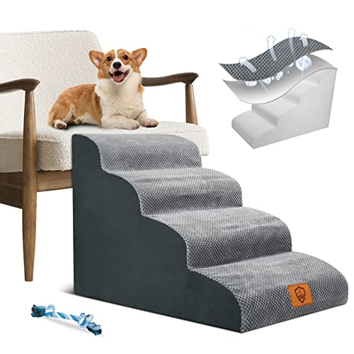 TNELTUEB High Density Foam Dog Stairs 4 Tiers, Extra Wide Deep Dog Steps, Non-Slip Dog Ramp, Soft Foam Pet Steps, Best for Dogs Injured,Older Cats,Pets with Joint Pain, with 1 Dog Rope Toy (Grey)