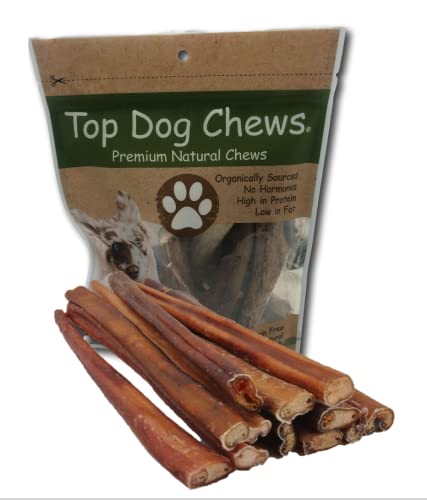 Top Dog Chews - 12 Inch Standard 12 Pack Bully Sticks, Long Lasting, 100% Natural Beef, Free Range Grass Fed, High Protein, Supports Dental Health Dog Treat for Medium & Large Dogs, 12 Pack