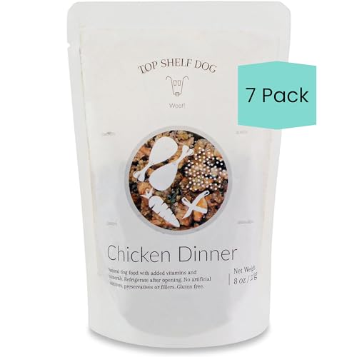 TOP SHELF DOG Chicken Dinner Meal I All Natural Fresh Human Grade Pre Made Dog Food Topper I Mixer, Treat, Additive for Nutrition for Picky Eaters, Puppies, Senior Dogs, Gluten Free (7 x 8oz Pouches)