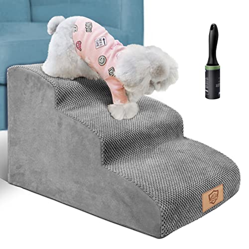 Topmart 3 Tiers Foam Dog Ramps/Steps,Non-Slip Dog Steps,Extra Wide Deep Dog Stairs,High Density Foam Pet Stairs/Ladder,Best for Older Dogs,Cats,Small Pets,with Pet Hair Remover Roller,Grey