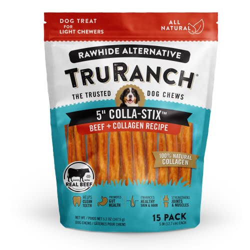 TRURANCH All-Natural Rawhide Alternative Dog Treats, 5" Sticks (Beef), with Hydrolyzed Collagen 50% Protein, Healthy Treats, Limited Ingredients Dog Chew, for Small, Medium, and Large Dogs