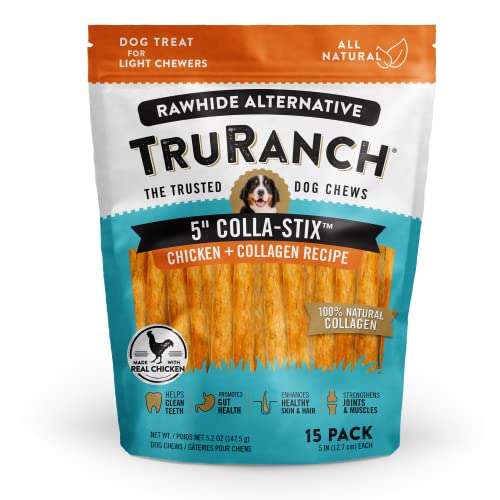 TRURANCH All-Natural Rawhide Alternative Dog Treats, 5" Sticks (Chicken), 50% Protein,Hydrolyzed Collagen Healthy Limited Ingredients Dog Chew, for Small, Medium and Large Dogs