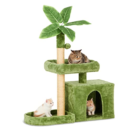 TSCOMON 31.5" Cat Tree / Tower for Indoor Cats with Green Leaves, Cat Condo Cozy Plush Cat House with Hang Ball and Leaf Shape Design, Cat Furniture Pet House with Cat Scratching Posts, Green