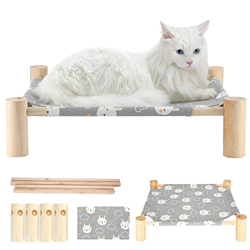 TUSATIY Cat Hammock Bed, Solid Wooden Removable Washable Cat Bed, Elevated Pet Sleeping Bed Breathable Fit for Cats and Puppies | Easy to Assemble (Rabbit)