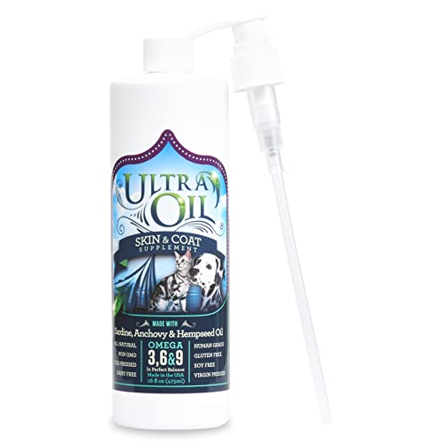 Ultra Oil Skin and Coat Supplement for Dogs and Cats with Hemp Seed Oil, Flaxseed Oil, Grape Seed Oil, Fish Oil for Relief from Dry Itchy Skin, Dull Coat, Hot Spots, Dandruff, and Allergies (16 Fl Oz (Pack of 1))