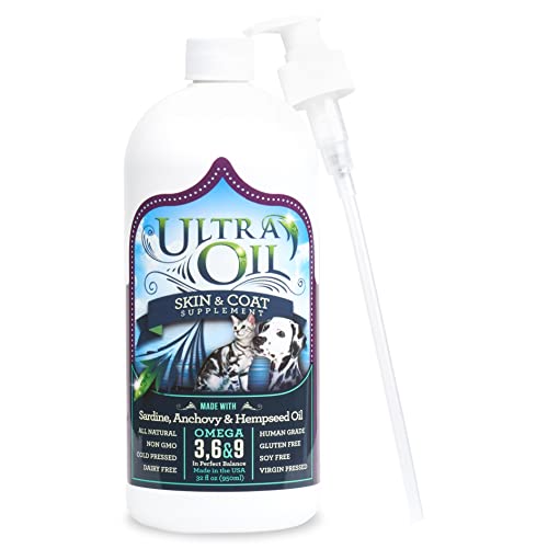 Ultra Oil Skin and Coat Supplement for Dogs and Cats with Hemp Seed Oil, Flaxseed Oil, Grape Seed Oil, Fish Oil for Relief from Dry Itchy Skin, Dull Coat, Hot Spots, Dandruff, and Allergies 32 Ounce
