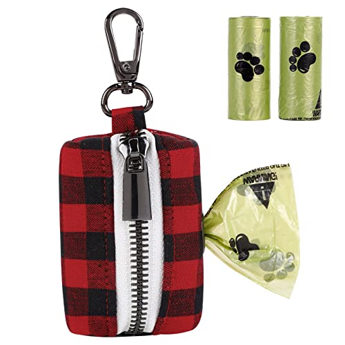 Unique style paws Dog Poop Bag Holder Reusable Christmas Waste Bag Dispenser for Travel,Park and Outdoor Use Includes 2 Roll Dog Poop Bag - Black & Red Plaid