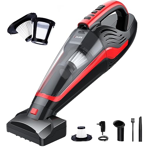 VacLife Handheld Vacuum for Pet Hair - Car Vacuum Cordless Rechargeable, Well-Equipped Hand Held Vacuum with Reusable Filter & LED Light, Powerful Stair Vacuum with Motorized Brush, Red&Black (VL726)