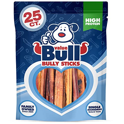 ValueBull Bully Sticks for Dogs, Thick 6 Inch, 25 Count - All Natural Dog Treats, 100% Beef Pizzles, Single Ingredient Rawhide Alternative