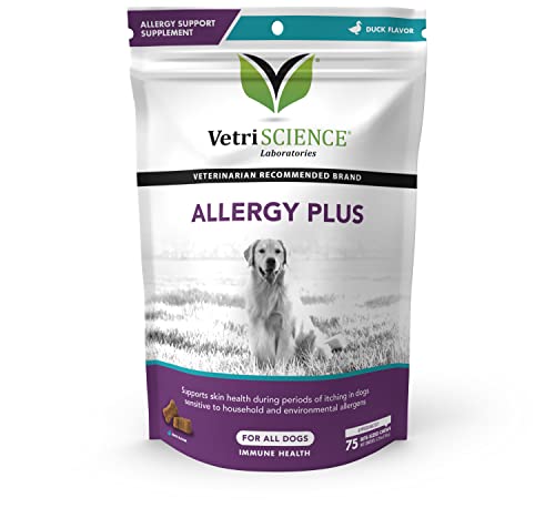 VetriScience Allergy Plus Immune Support Supplement for Dogs, Duck Flavor, 75 Chews – Probiotic Allergy Chews for Itchy Skin, Paw Licking, Watery Eyes, Sneezing and GI Support