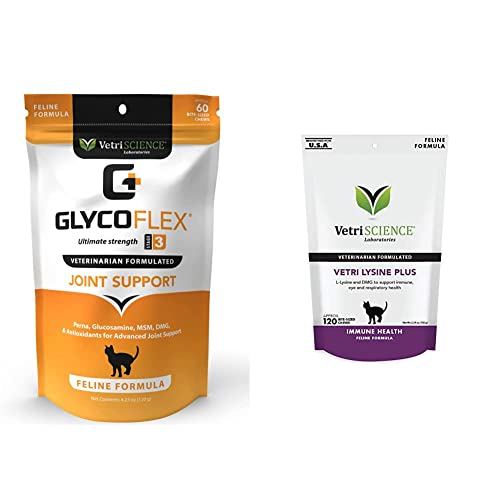 VETRISCIENCE Glycoflex 3 Maximum Strength Hip and Joint Supplement & Green Lipped Mussel & Vetri Lysine Plus DMG Immune Support Treats for Cats and Kittens, 120 Bite Sized Chews