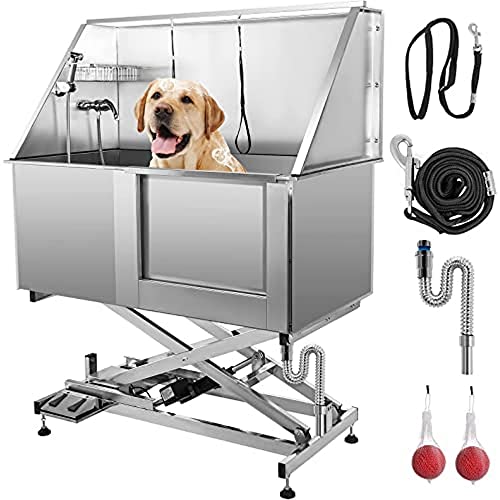 VEVOR 50" Electric Pet Dog Grooming Tub Stainless Steel X-Style Electric Lift Height Dog Bath Tub Pet Washing Station with High Pressure Sprayer and Plate Dog Wash Tub Right Door