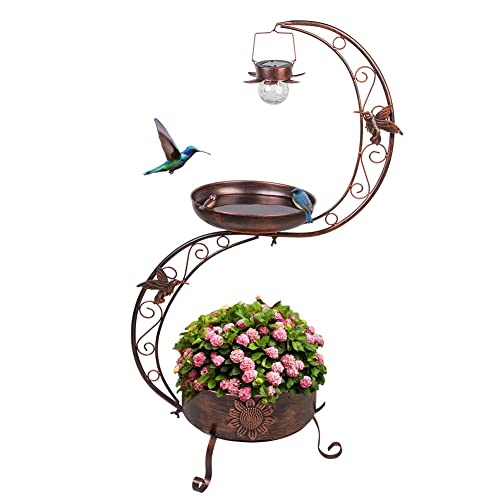 VEWOGARDEN S Bird Baths for Outdoors Metal Standing Bird Bath with Solar Lamp Vintage Garden Birdbaths with Flower Planter Pedestal(36" H * 19.6" W)