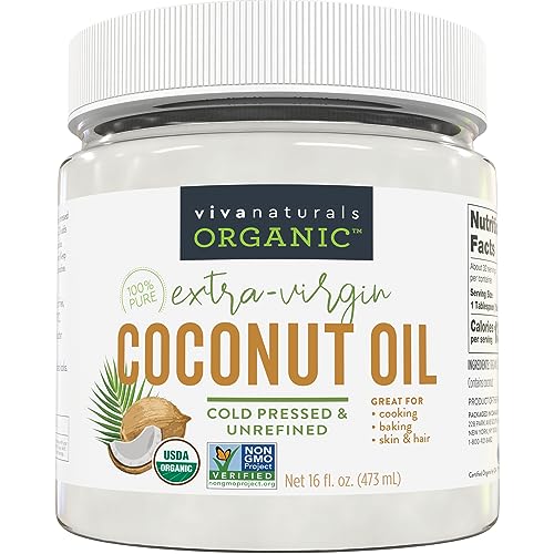 Viva Naturals Organic Coconut Oil, Cold-Pressed - Natural Hair /Skin Oil and Cooking Oil with Fresh Flavor, Non-GMO Unrefined Extra Virgin(Aceite de Coco), USDA Organic, 16 oz