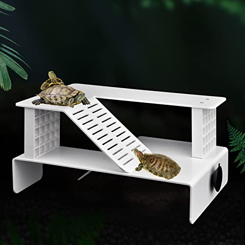 WEAVERBIRD Turtle Basking Platform, Turtle Tank Platform Aquarium Animal Sink Wharf, Double Decker Reptile Habitat, Climbing Shelf Turtle Tank Dock Floating Decor, Floating Turtle Dock, White