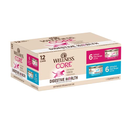 Wellnes CORE Digestive Health Grain-Free Natural Wet Cat Food, Sensitive Stomach, Easily Digestible (Salmon/Whitefish Variety Pack, 3 Ounce Can, 12 Pack)