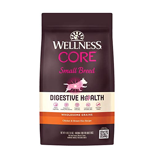 Wellness CORE Digestive Health Dry Dog Food with Wholesome Grains, Highly Digestible, for Dogs with Sensitive Stomachs, Made in USA with Real Protein (Small Breed, Chicken & Brown Rice, 4-Pound Bag)