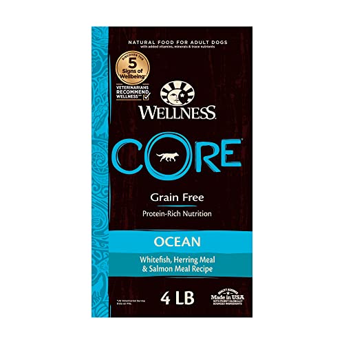 Wellness CORE Grain-Free High-Protein Dry Dog Food, Natural Ingredients, Made in USA with Real Meat, All Breeds, For Adult Dogs (Ocean Whitefish, Herring & Salmon, 4-Pound Bag)