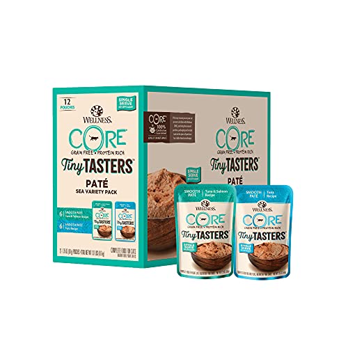 Wellness CORE Tiny Tasters Wet Cat Food Topper, Grain Free, Complete & Balanced Nutrition Made with Real Meat, No-Mess Pouches, 12 Pack (Adult Cat, Seafood Variety Pack)