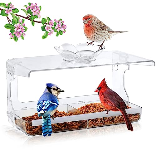 WENMIXER Window Bird Feeder with Non-Marking Self-Adhesive Hooks, Clear Window Bird Feeder for Outside, Transparent Bird House, Outdoor Bird Feeders, Wild Bird Watching Gift, Garden Decor