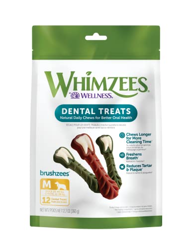 WHIMZEES by Wellness Brushing Dental Chews For Dogs, Grain-Free, Long Lasting Treats, Freshens Breath Medium Breed, 12 Count