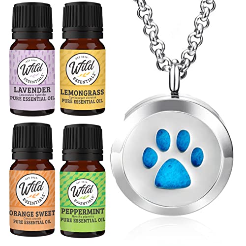 Wild Essentials Dog Paw Necklace Essential Oil Diffuser Kit with Lavender, Lemongrass, Peppermint, Orange Oils, 12 Refill Pads, Calming Aromatherapy Gift Set, Customizable Color Changing, Perfume