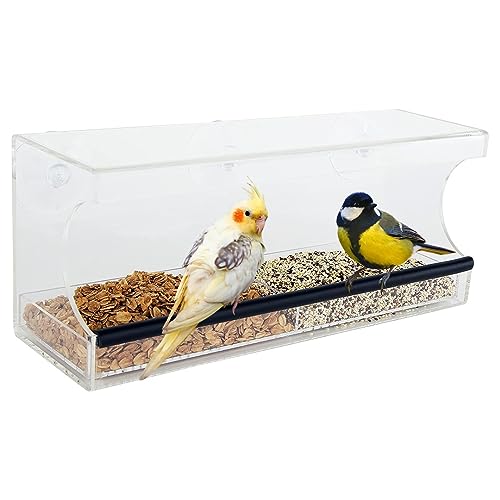 Window Bird Feeder, Bird House with Extra Strong Suction Cups, Removable Seed Tray with Drainage Holes to Keep Seeds Dry, Acrylic Clear Design (12 Inches Wide (Rectangle Shape))