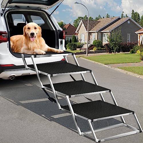 Wormutong Extra Wide Dog Car Stairs for Large Dogs,Portable Folding Pet Stair Ramp with Non-Slip Rug Surface,Dog Ramp for Large Dogs, Supports up to 200lbs, Pet Steps Dog Steps for Cars and SUV,Truck