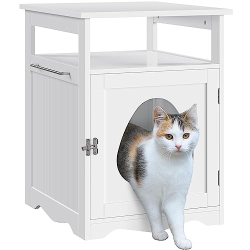 Yaheetech Cat Litter Box Enclosure, Cat Litter Box Furniture Hidden, Lockable Pet Side Table with Wooden Structure Open Shelf, Decorative Pet House Hidden Washroom for Bathroom/Living Room White