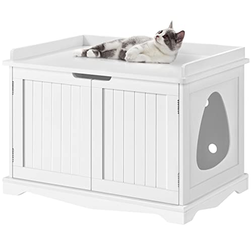 Yaheetech Wooden Cat Litter Box Enclosure, Hidden Cat Washroom Indoor Cat Crate Fuiniture, Decorative Hidden Storage Bench Pet Side Table for Living Room for Large Cat Kitty, White