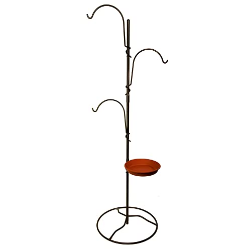 Yard Butler Pot Hanging System and Bird Feeding Station Outdoors (Silver) - Three Shepherd Hooks For Hanging Plants, Bird Feeders, Squirrel Feeders - Includes an 11" Circular Birdbath - Anti-Tip Base