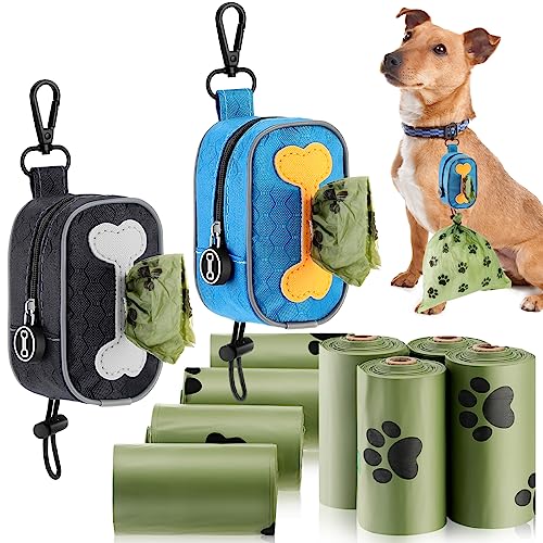 Yeaqee Dog Poop Bags Holder Set 2 Pcs Dog Poop Bag Holder for Leash with 120 Counts 8 Rolls Dog Waste Bags Leak Proof Pet Poop Dispenser Dog Leash Holder for Travel Walking Park and Outdoor Use